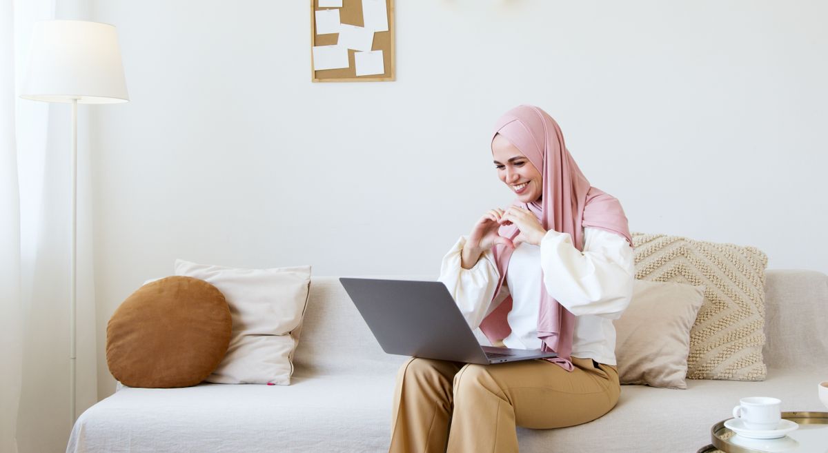 Video call session from a cozy living room